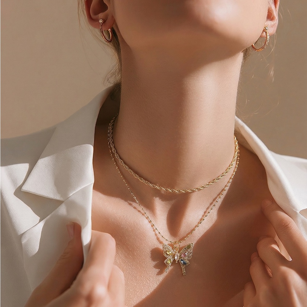 Gold Plated Butterfly Pendant Layered Necklace - Women Jewelry